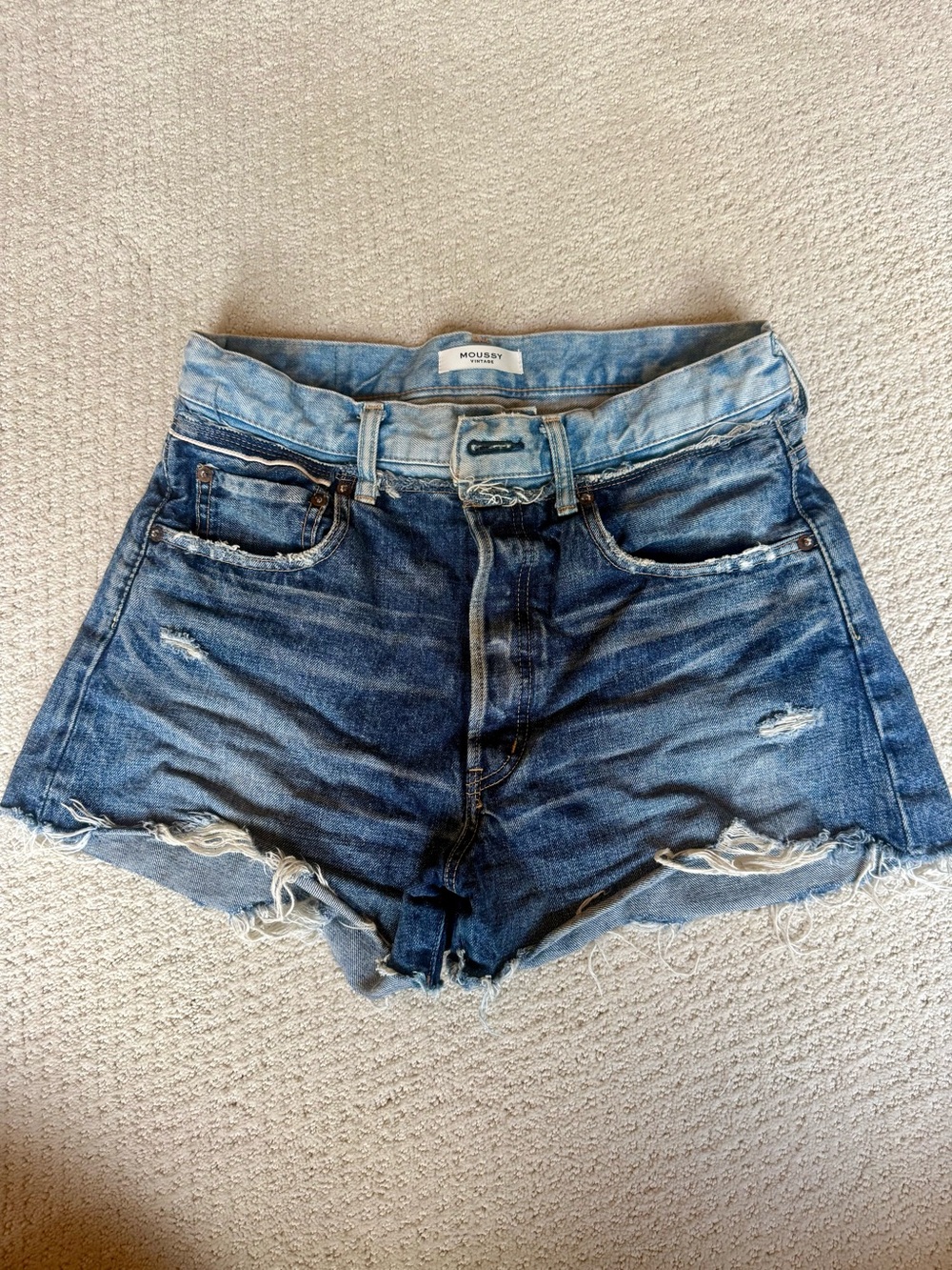 Moussy Distressed Light-to-Mid Wash Denim Shorts